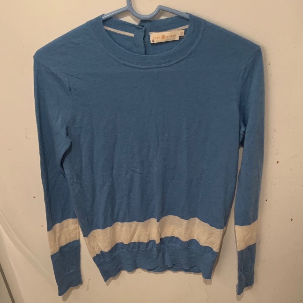 Gorgeous Tory Burch Blue Knit 100% Cashmere Top W/ Button Back Enclosure SZ S